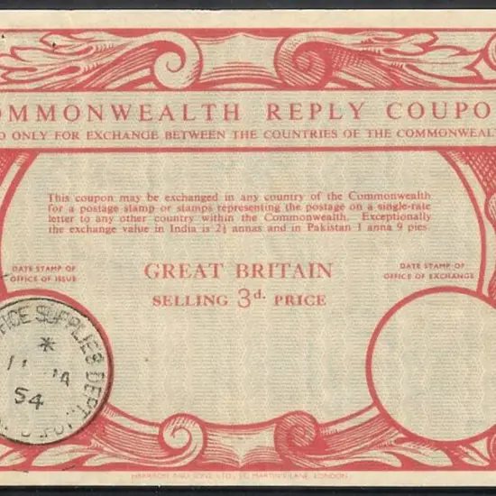 1954 3d Commonwealth Reply Coupon with 1954 cds of ...
