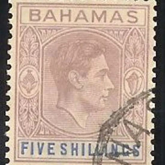 Bahamas 1938 5/- lilac & blue KGVI F/U. SG 156 ...