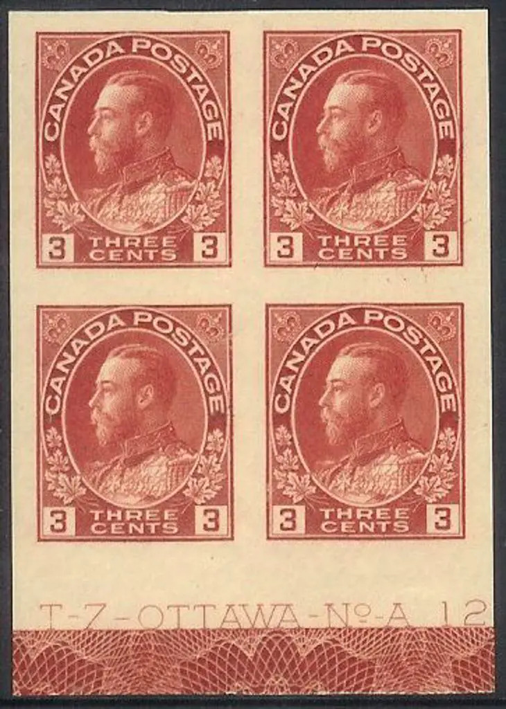 Canada 1912/22 3c carmine imperf MUH block of 4 ... Image 1++