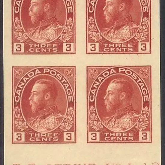 Canada 1912/22 3c carmine imperf MUH block of 4 ...