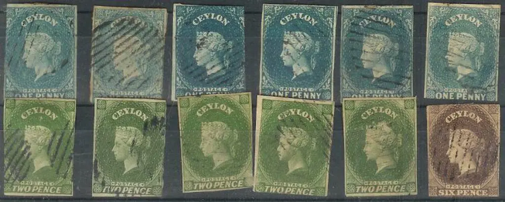 Ceylon 1857/59 1d (6), 2d (5), & 6d imperfs all ... Image 1++