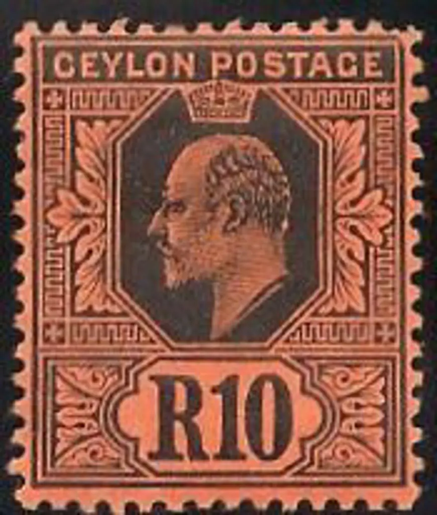Ceylon 1910/11 10r KEVII black on red. MLH SG 300 ... Image 1++