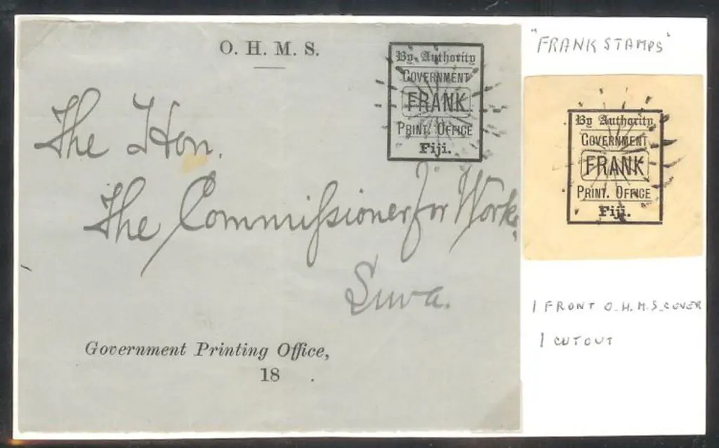 Fiji Govt Frank stamps, one on piece & the other ... Image 1++
