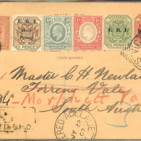 India 1907 postcard to S. Aust Registered Calcutta ...