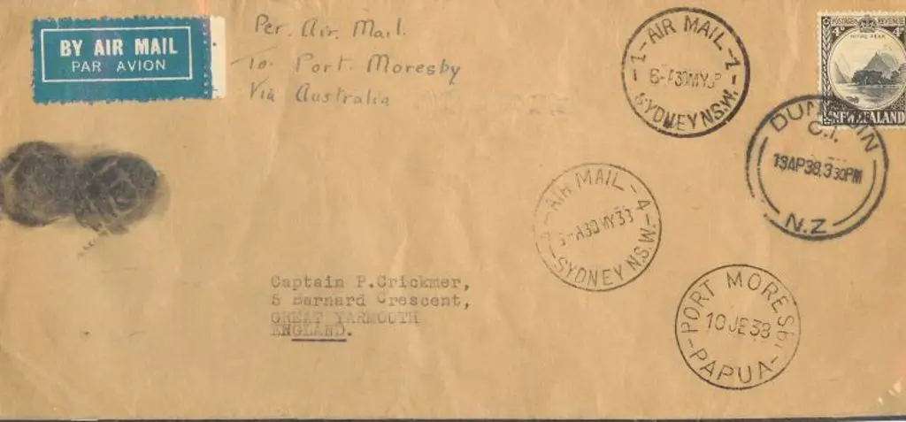 New Zealand 1938 airmail cover via Australia to ... Image 1++