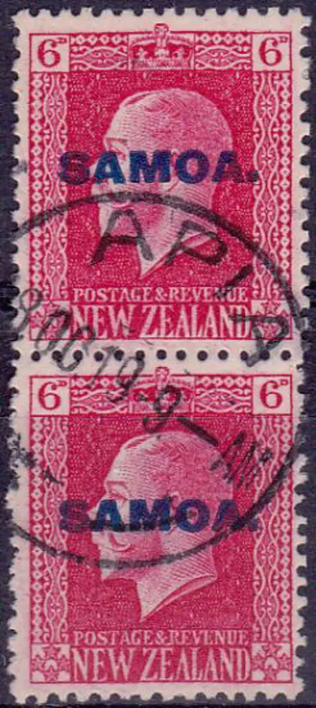 Samoa 1916 6d KGV dual perf vertical pair F/U with ... Image 1++