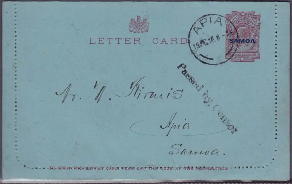 Samoa 1916 NZ KEVII 1d letter card CTO Apia with ... Image 1++