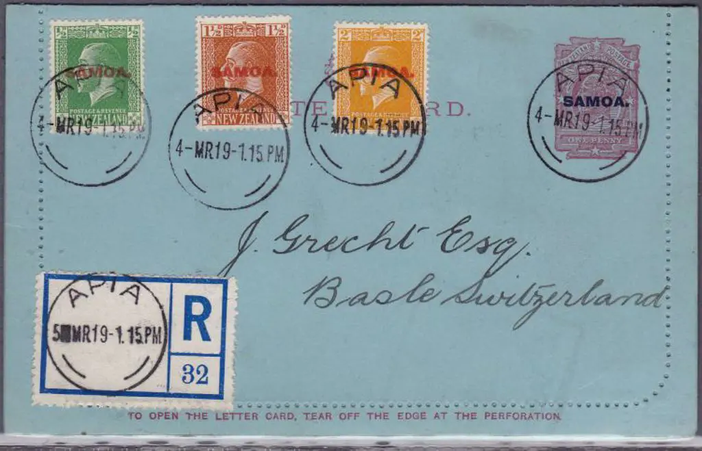 Samoa 1919 NZ KEVII 1d letter card uprated with ... Image 1++