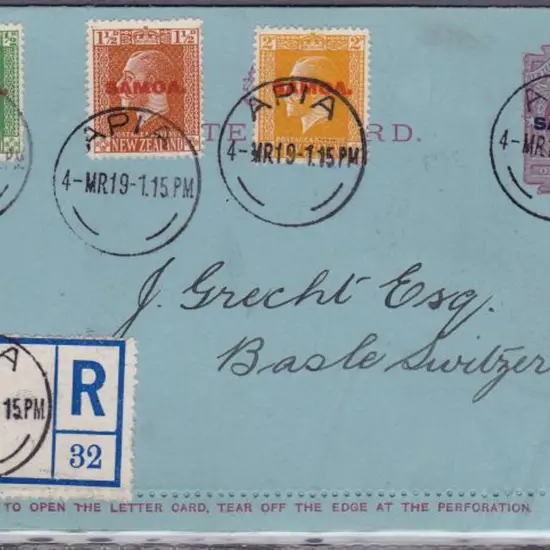 Samoa 1919 NZ KEVII 1d letter card uprated with ...