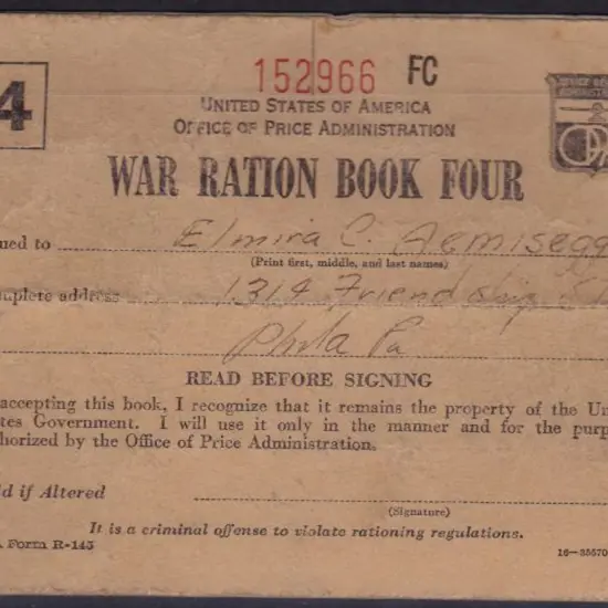 USA War Ration Book Four with partial contents & ...