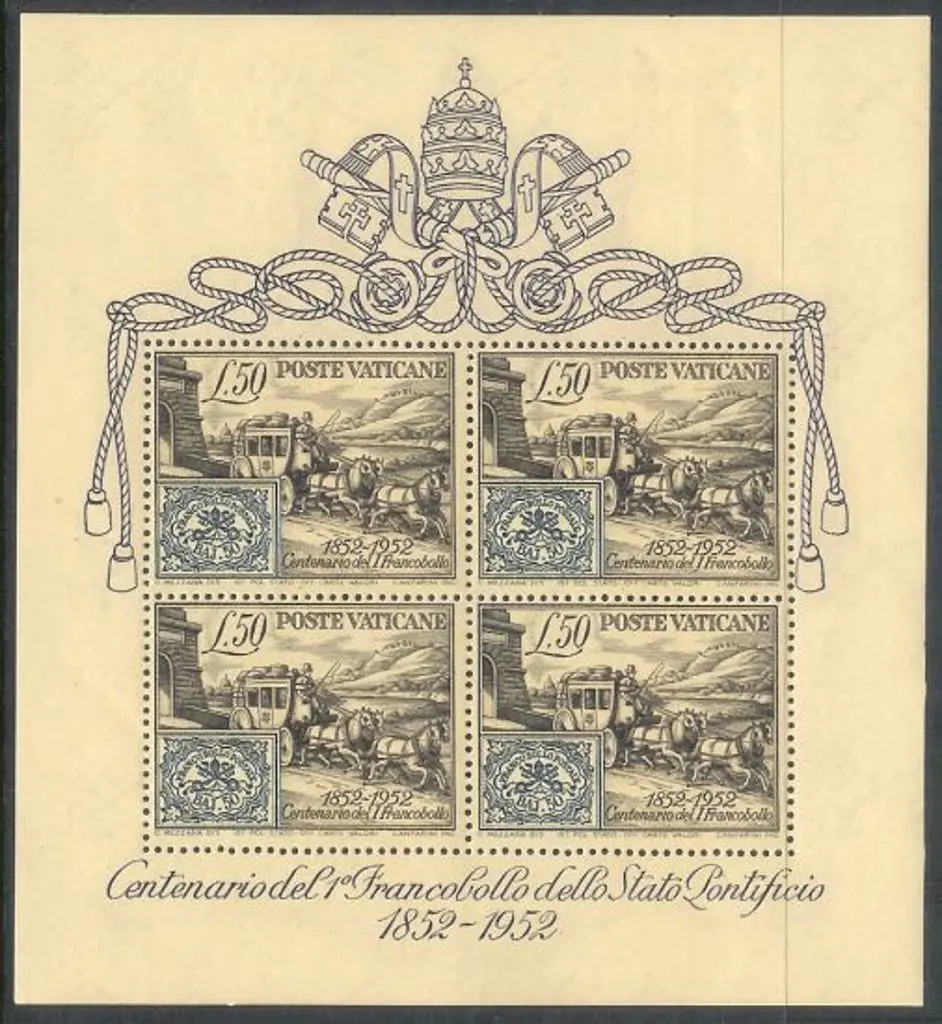 Vatican 1952 Stamp Cent. M/S MUH. Trivial gum thin ... Image 1++