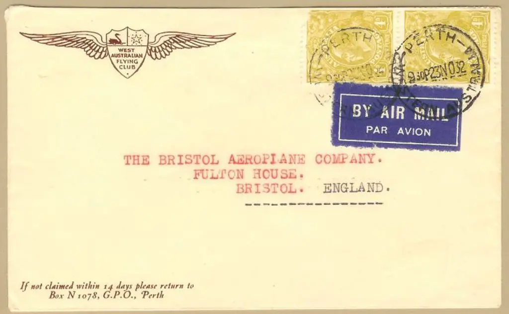 1932 (23rd Nov) Perth to England Airmail cover ... Image 1++